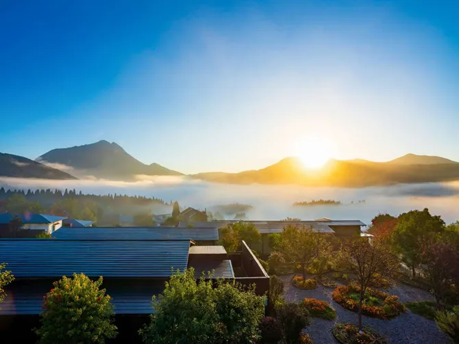 由布岳一望 朝霧のみえる宿 ゆふいん花由